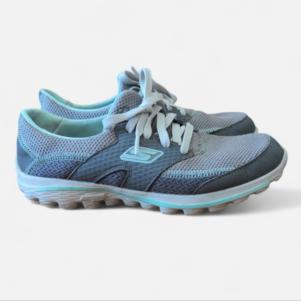 Skechers GO Walk Women’s Gray Aqua Mesh Walking Sneakers Comfort Lace Up Shoes